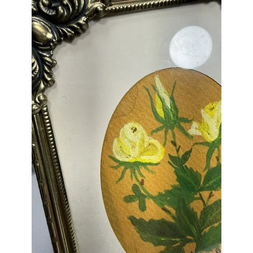VTG Gold Metal Picture Floral Theme Foldable Frame W/ Signed Flower Watercolor